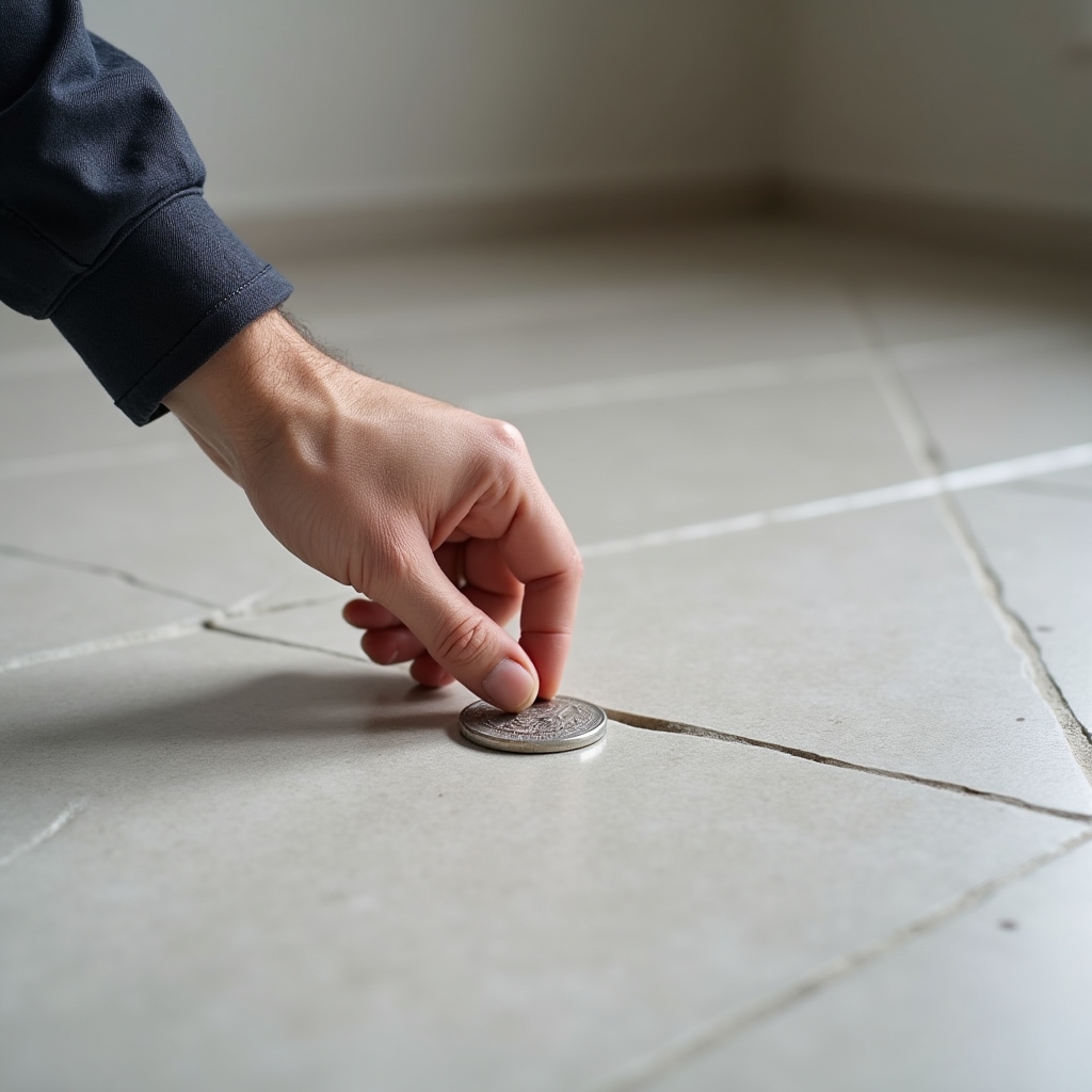 Inspector checking ceramic tile alignment and grout quality in a new apartment