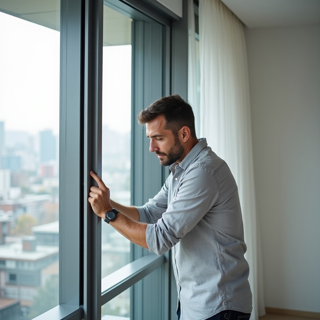 Inspecting window frame alignment and seal quality in a new apartment