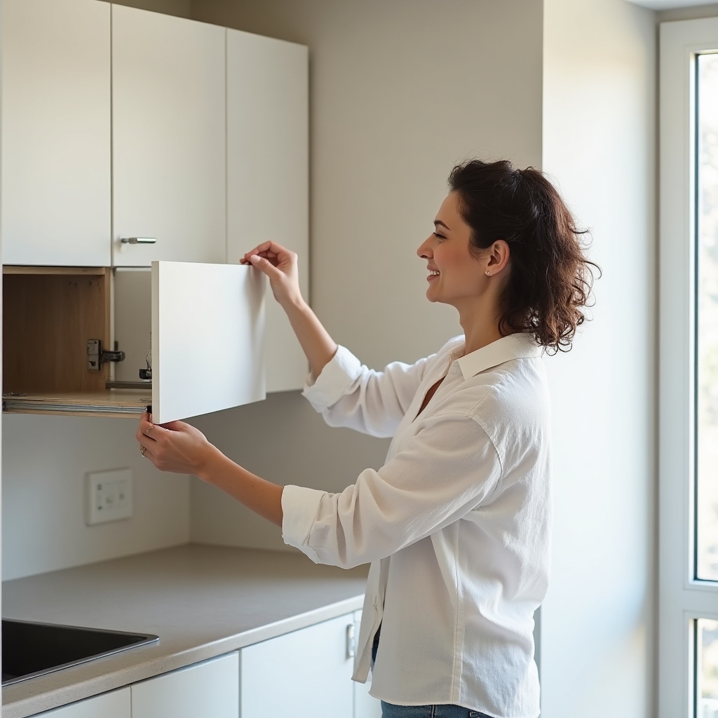 Detailed inspection of kitchen cabinets, countertop, and plumbing connections in new apartment