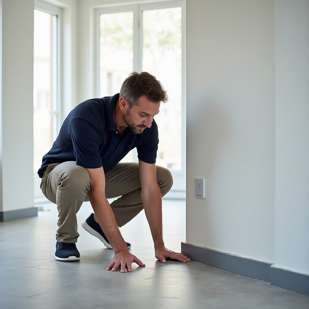 Inspection of living room finishes, flooring and electrical points in a new apartment