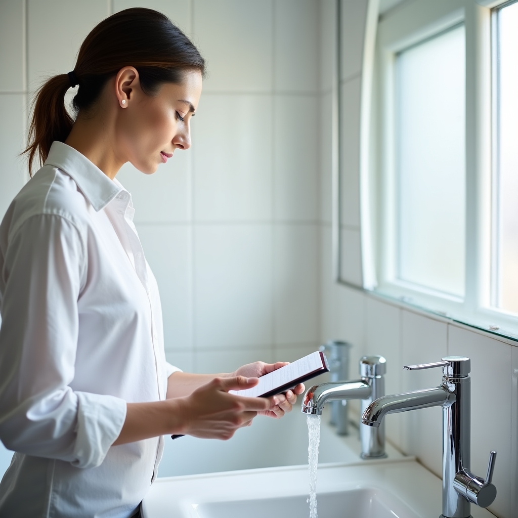 Checking water pressure and faucet installation in a new apartment bathroom